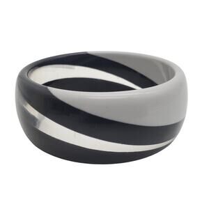 Lucite Acrylic Bangle Gray Black Clear Striped Stacked Bracelet Wavy Retro Layer